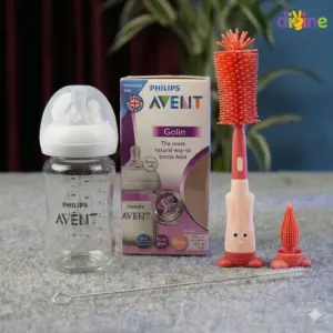 Philips Avent Natural Response 240ml Glass Feeding Bottle and Silicone Rabbit Bottle Brush Combo by Divine